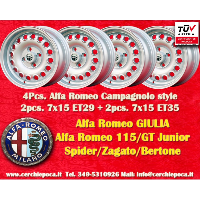 4 jantes Campagnolo 7x15 + 7x15 4x108 Alfa Romeo 105 Coupe Spider GT GTA GTC Montreal