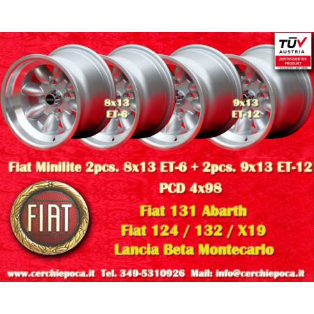 4 cerchi Minilite 8x13 + 9x13 4x98 Fiat 124 Spider Coupe X19