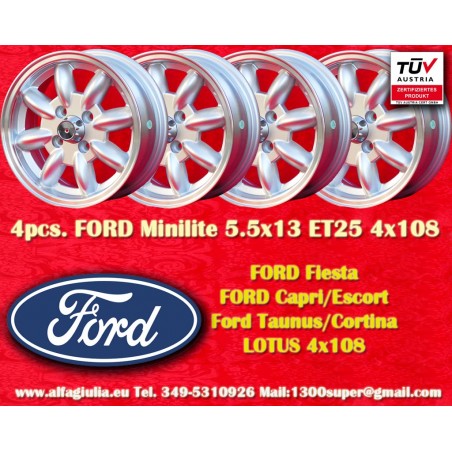 4 cerchi Minilite 5.5x13 4x108 Ford Escort Mk1 Mk2 Capri Cortina Taunus Fiesta silver/diamond cut