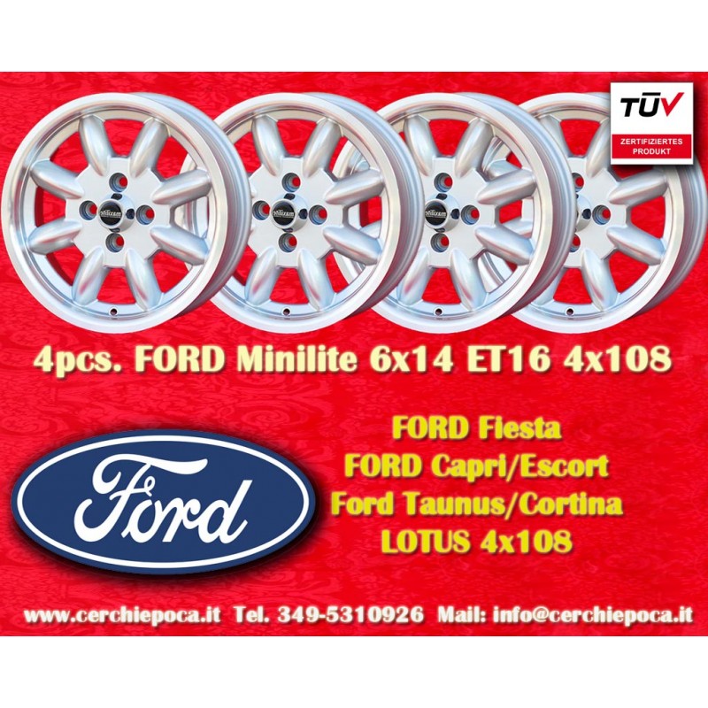 4 wheels Minilite 6x14 4x108 Ford Escort Mk1-2 Capri Cortina silver/diamond cut