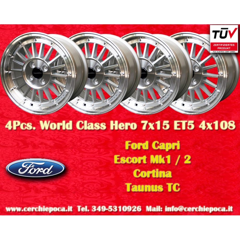 4 cerchi WCHE 7x15 4x108 Ford Escort Mk1-2 Capri Cortina Taunus TC silver/diamond cut