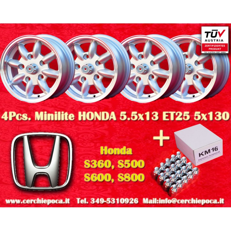 4 cerchi Minilite 5.5x13 + kit dadi KM16  M10X1 5x28 60° 5x130 Honda NSU Honda S600 S800 NSU TT TTS 110 1200C Wankelspid