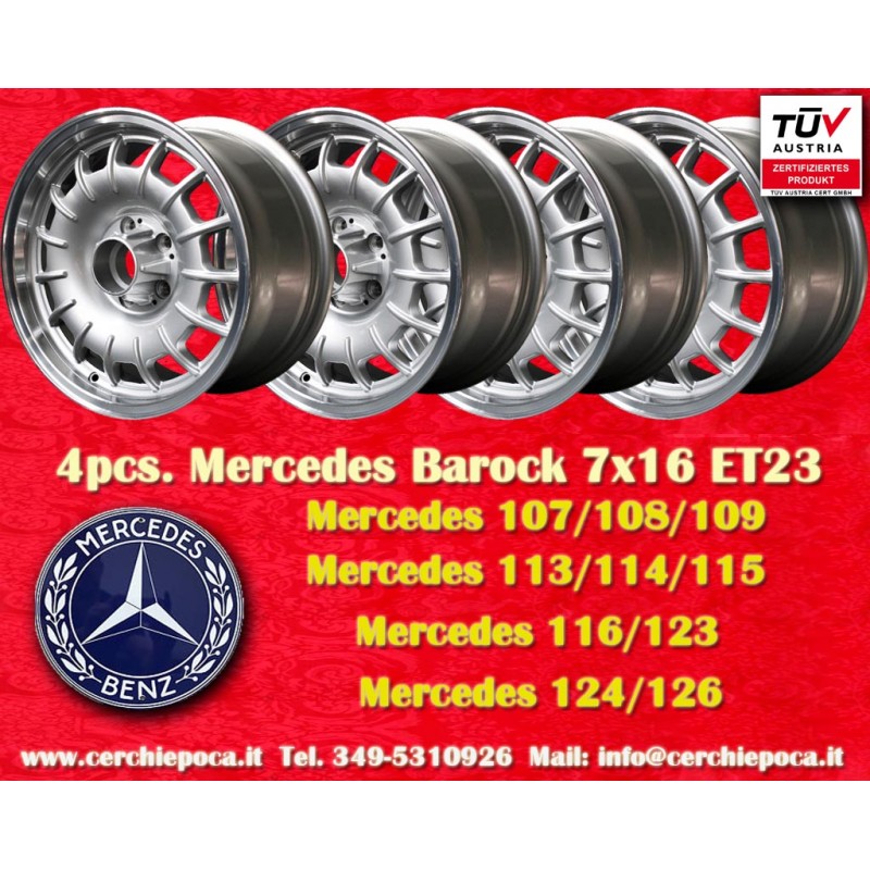 4 cerchi Barock 7x16 5x112 Mercedes w107 w108 w109 w113 w114 w115 w116 w123 w124 w126 silver/polished