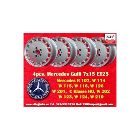 4 cerchi Gullideckel 7x15 5x112 Mercedes w107 w116 w123 w124 w126 w201 w202 w210 HO silver