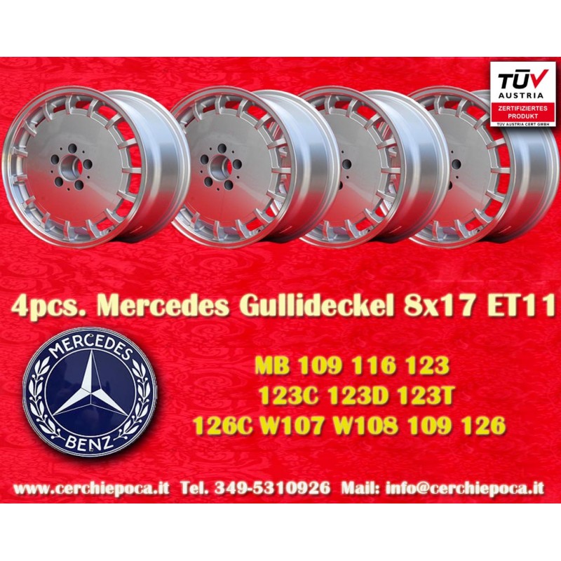 4 cerchi Gullideckel 8x17 5x112 Mercedes w107 w108 w109 w116 w123 w126 silver/diamond cut