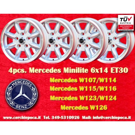 4 cerchi Minilite 6x14 5x112 Ford Mercedes Consul Granada P5 P6 P7 Mercedes 108 109 113 114 115 116 123 silver/diamond c