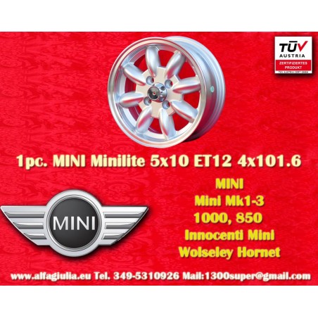 1 Felge Minilite 5x10 4x101.6 Mini Mini Mk1-3 850 1000 silver/diamond cut