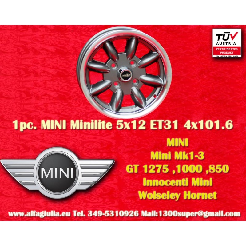 1 wheel Minilite 5x12 4x101.6 Mini Mini Mk1-3 850 1000 1275 GT anthracite/diamond cut