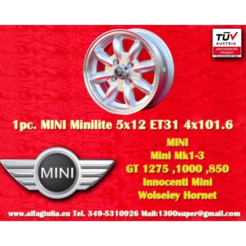 1 jante Minilite 5x12 4x101.6 Mini Mini Mk1-3 850 1000 1275 GT silver/diamond cut