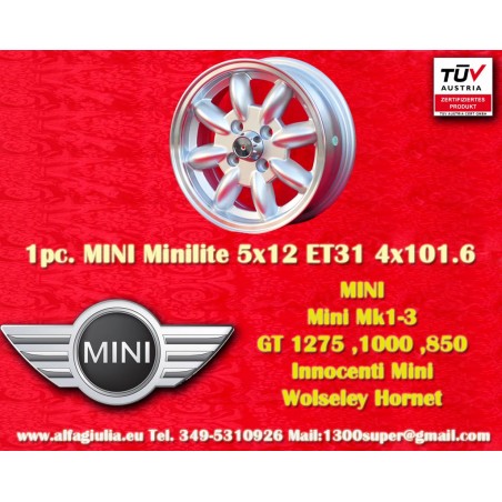 1 Felge Minilite 5x12 4x101.6 Mini Mini Mk1-3 850 1000 1275 GT silver/diamond cut