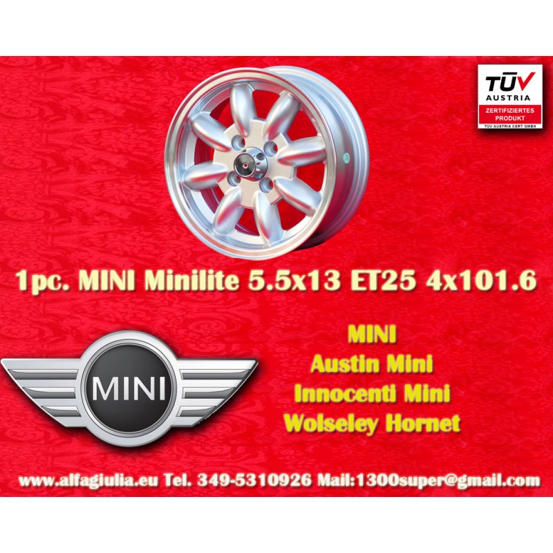 1 Felge Minilite 5.5x13 4x101.6 Austin Mini MG Mini Mk1-3 Austin Sprite mk1-4 MG Midget silver/diamond cut