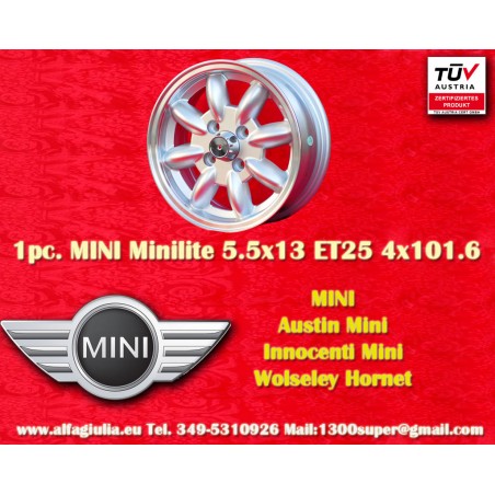 1 wheel Minilite 5.5x13 4x101.6 Austin Mini MG Mini Mk1-3 Austin Sprite mk1-4 MG Midget silver/diamond cut