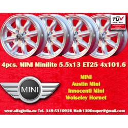 4 cerchi Minilite 5.5x13 4x101.6 Austin Mini MG Mini Mk1-3 Austin Sprite mk1-4 MG Midget silver/diamond cut