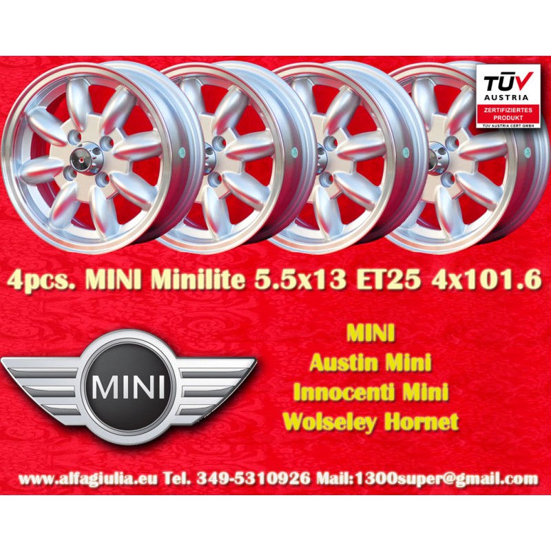 4 wheels Minilite 5.5x13 4x101.6 Austin Mini MG Mini Mk1-3 Austin Sprite mk1-4 MG Midget silver/diamond cut