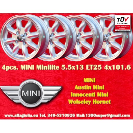 4 cerchi Minilite 5.5x13 4x101.6 Austin Mini MG Mini Mk1-3 Austin Sprite mk1-4 MG Midget silver/diamond cut