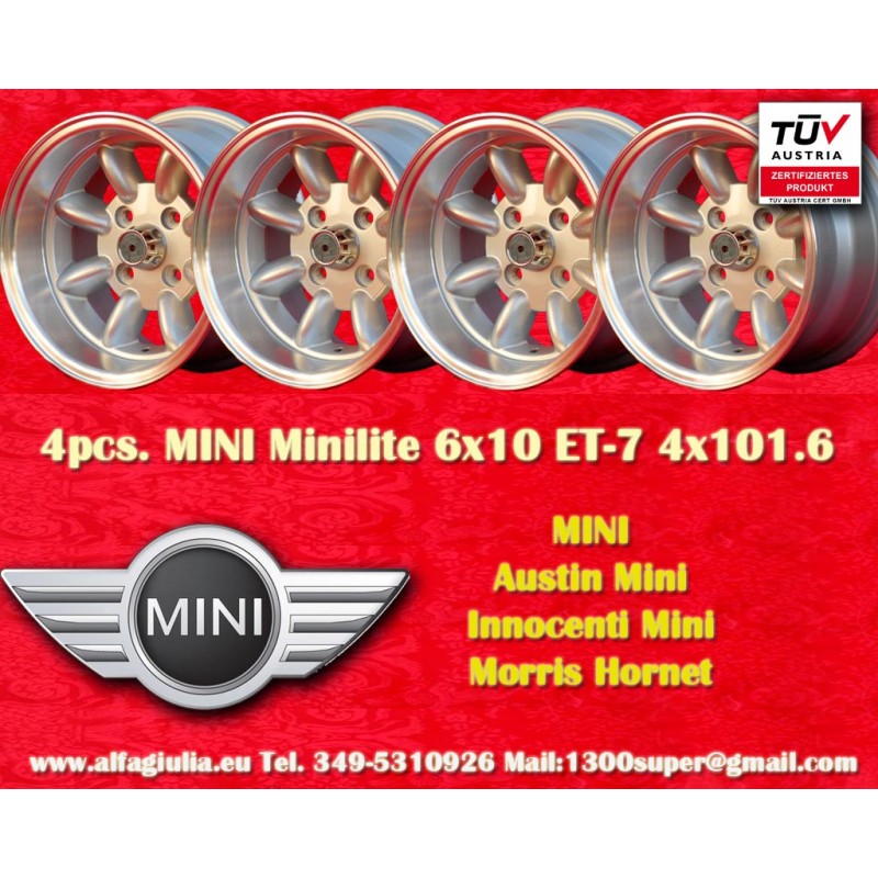 4 cerchi Minilite 6x10 4x101.6 Mini Mini Mk1-3 850 1000 silver/diamond cut