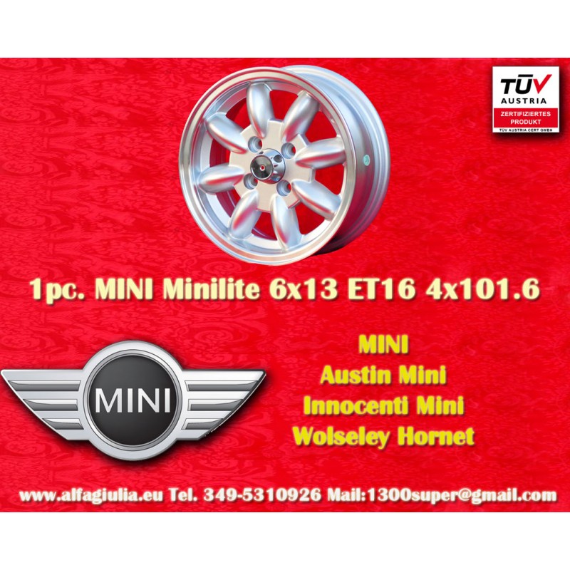 1 Felge Minilite 6x13 4x101.6 Austin Mini Mini Mk1-3 silver/diamond cut