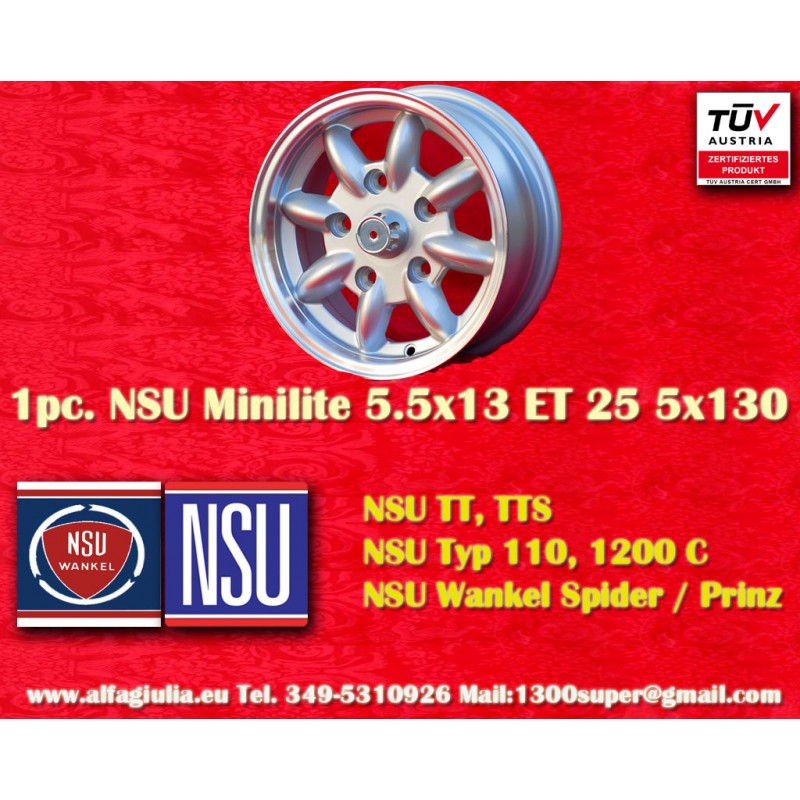 1 Felge Minilite 5.5x13 5x130 Honda NSU Honda S600 S800 NSU TT TTS 110 1200C Wankelspider silver/diamond cut