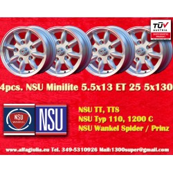 4 cerchi Minilite 5.5x13 5x130 Honda NSU Honda S600 S800 NSU TT TTS 110 1200C Wankelspider silver/diamond cut