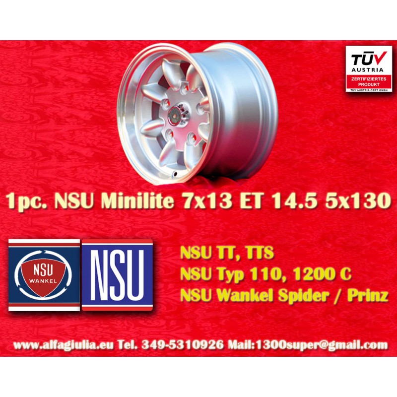 1 cerchio Minilite 7x13 5x130 Honda NSU NSU  TT TTS 110 1200C Wankelspider   Honda S 800 silver/diamond cut