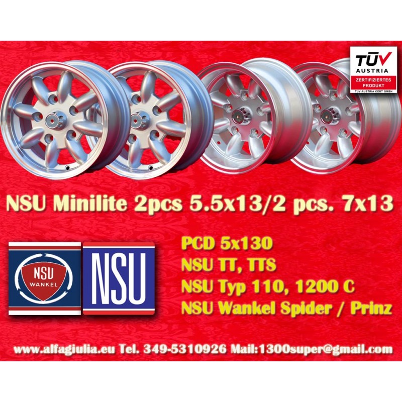 4 jantes Minilite 5.5x13 + 7x13 5x130 Honda NSU Honda S600 S800 NSU TT TTS 110 1200C Wankelspider