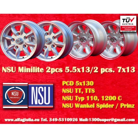 4 cerchi Minilite 5.5x13 + 7x13 5x130 Honda NSU Honda S600 S800 NSU TT TTS 110 1200C Wankelspider