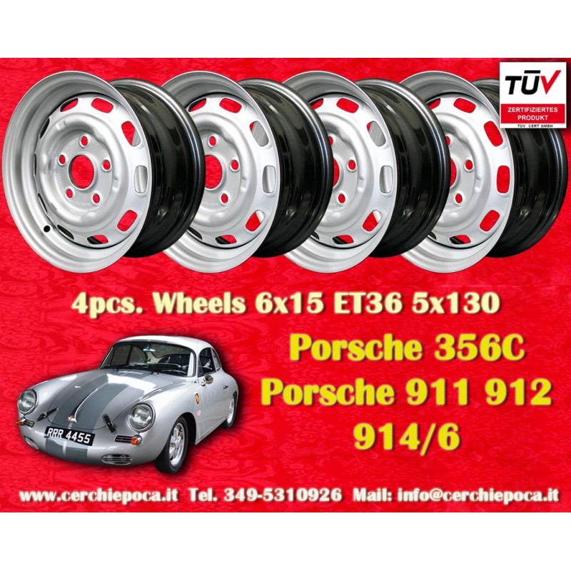 4 cerchi OE steel 6x15 5x130 Porsche 356 C SC 911 -1969 912 silver