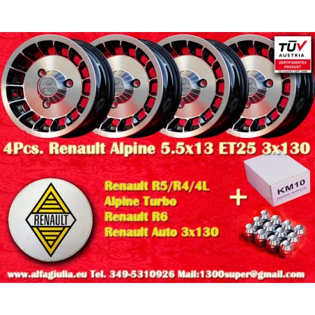 4 cerchi Alpine 5.5x13 + kit dadi KM10  SW19 10x1 25 60° 3x130 Renault R4 R5 R6