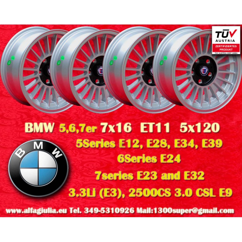 4 cerchi Alpina 7x16 5x120 BMW serie 5 E12 E28 E34 serie 6 E24 serie 7 E23 E32 E3 E9 silver/black