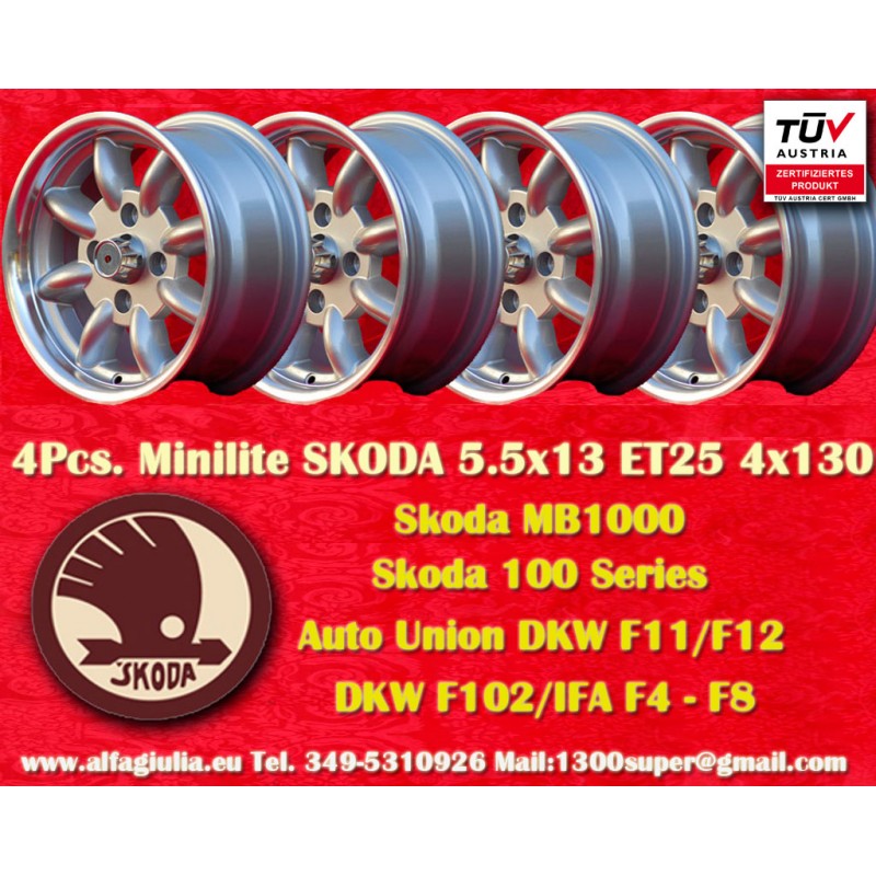 4 Felgen Minilite 5.5x13 4x130 Skoda MB1000 MB1100 105 110 120 130 silver/diamond cut