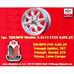 1 cerchio Minilite 5.5x13 4x95.25 Triumph Spitfire TR7 Herald GT6 Vitesse Lotus Europa silver/diamond cut