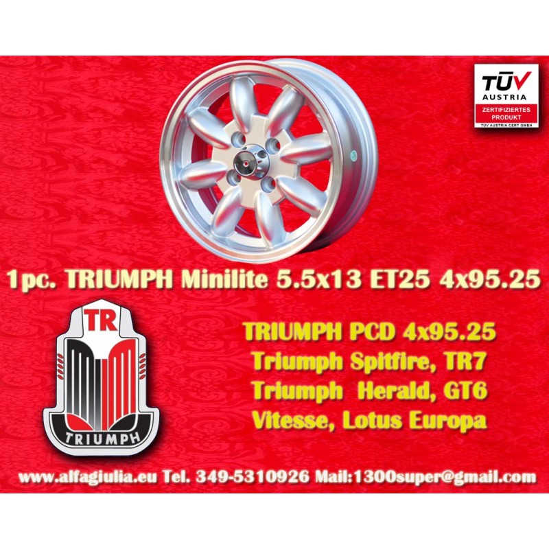 1 cerchio Minilite 5.5x13 4x95.25 Triumph Spitfire TR7 Herald GT6 Vitesse Lotus Europa silver/diamond cut