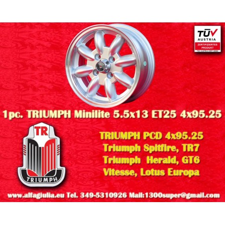 1 Felge Minilite 5.5x13 4x95.25 Triumph Spitfire TR7 Herald GT6 Vitesse Lotus Europa silver/diamond cut