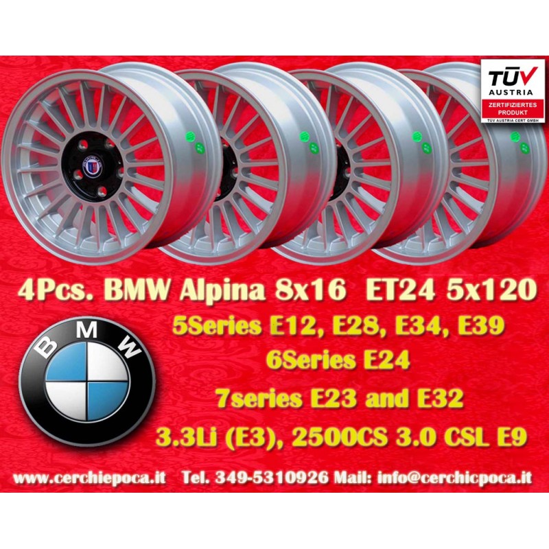 4 jantes Alpina 8x16 5x120 BMW serie 5 E12 E28 E34 serie 6 E24 serie 7 E23 E32 E3 E9 silver/black