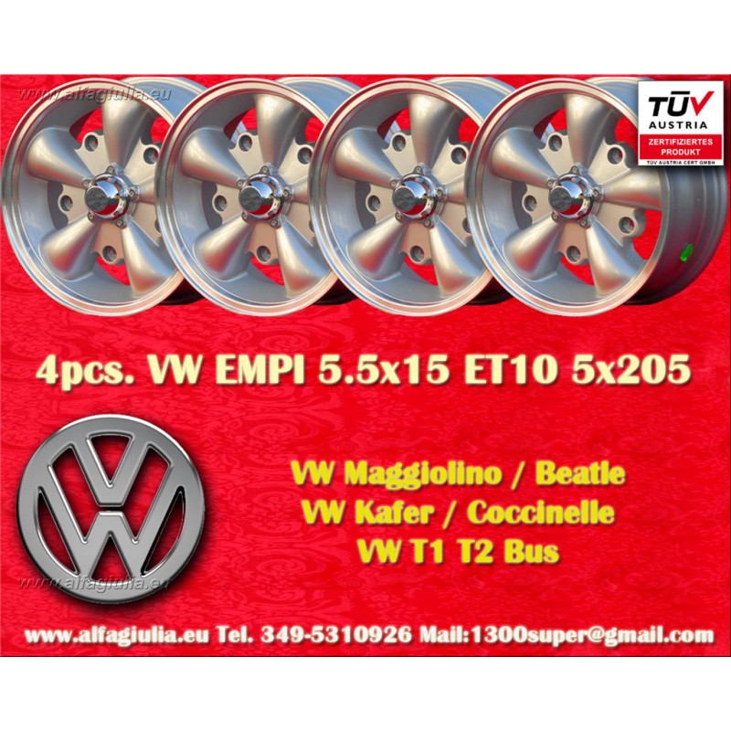 4 cerchi EMPI 5.5x15 5x205 Volkswagen Beetle Kafer Maggiolino T1 T2a Typ3 Karmann Ghia silver/diamond cut